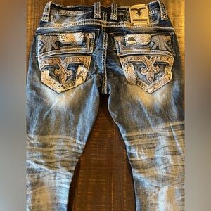 Rock Revival 33/32. Men's Blue Distressed Jeans
